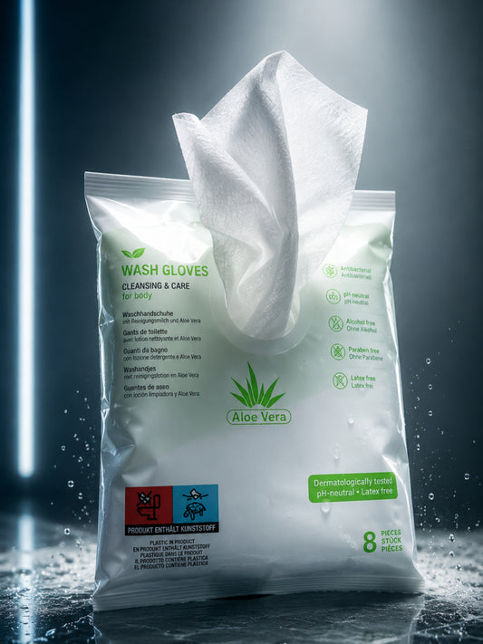 Vlhčené jednorázové mycí rukavice s Aloe Vera – 8 ks